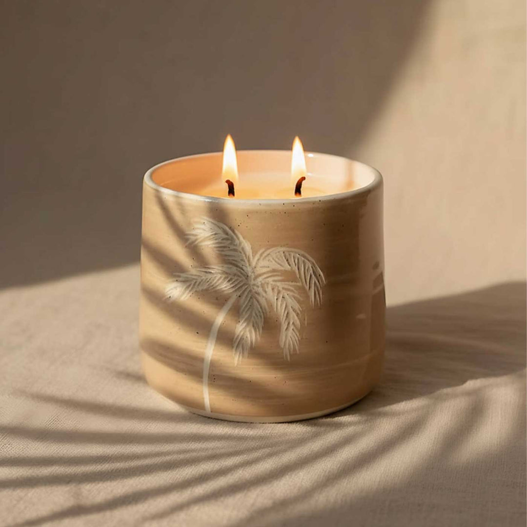 Handmade Avenor Palm Tree Engraved Ceramic Jar Soy Wax Candle With Cashmere Shore Fragrance