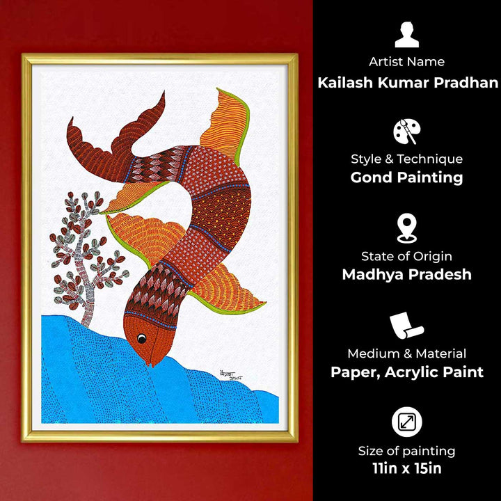 11 x 15 Inch | Fish Diving Into Water | Original Hand painted Tribal Gond Art Painting | Acrylic Paints On Paper