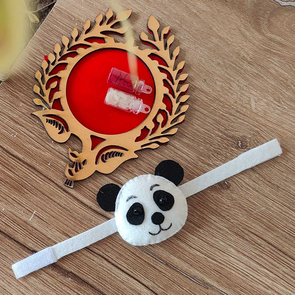 Handmade Panda Theme Felt Kids Rakhi With Roli Chawal - Full View of Panda Headband with Frame