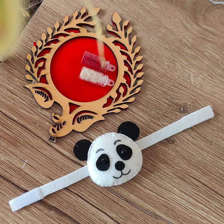 Handmade Panda Theme Felt Kids Rakhi With Roli Chawal - Full View of Panda Headband with Frame