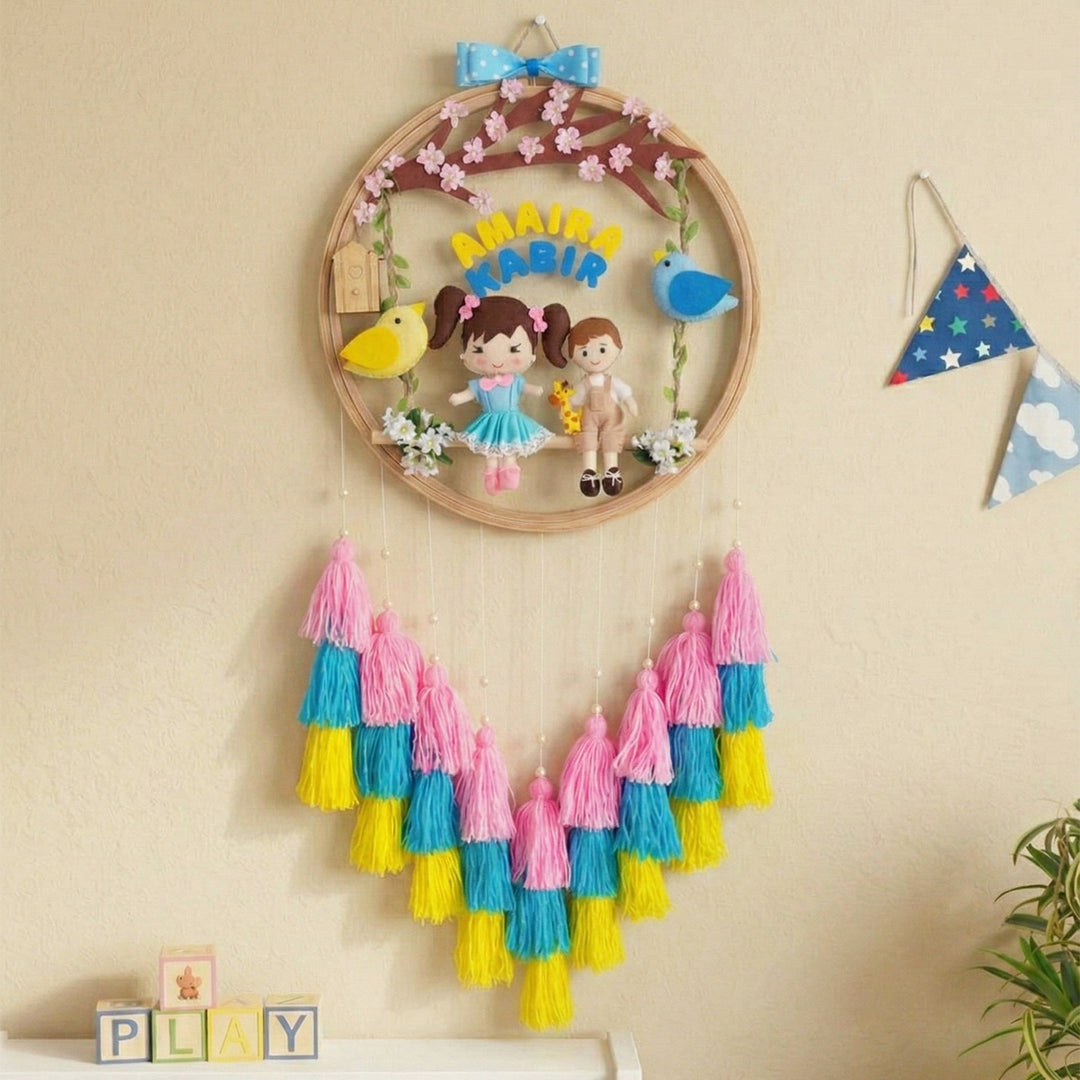 Personalized Spring Blossom Theme Kids Name Plate With Tassels For Siblings