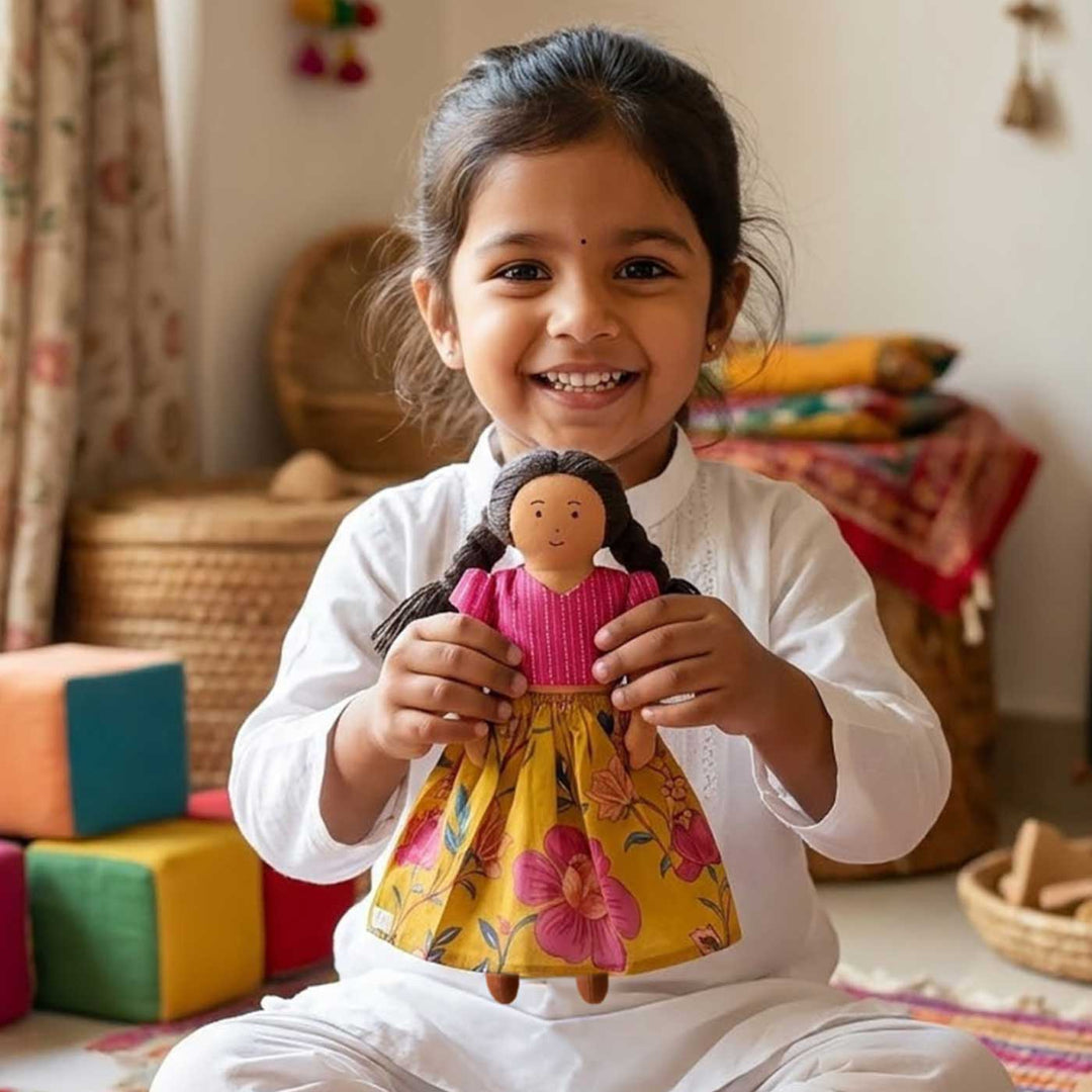 Nilah in Pink & Mustard Dress With Changeable Outfits | Soft Hand-Stitched Sustainable Indian Play Doll