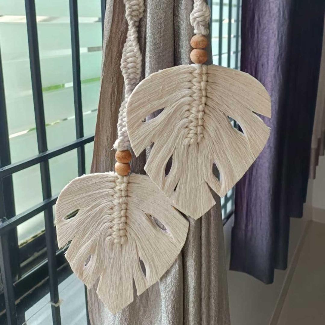 Set Of 2 | Handmade Macrame Monstera Leaft Design Cotton Curtain Tie-Back