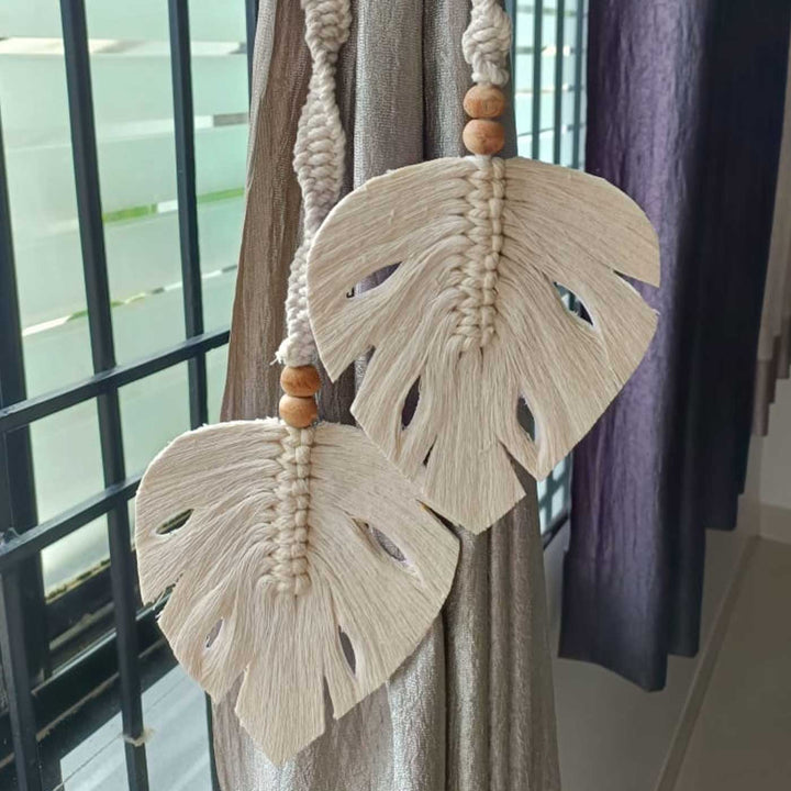 Set Of 2 | Handmade Macrame Monstera Leaft Design Cotton Curtain Tie-Back