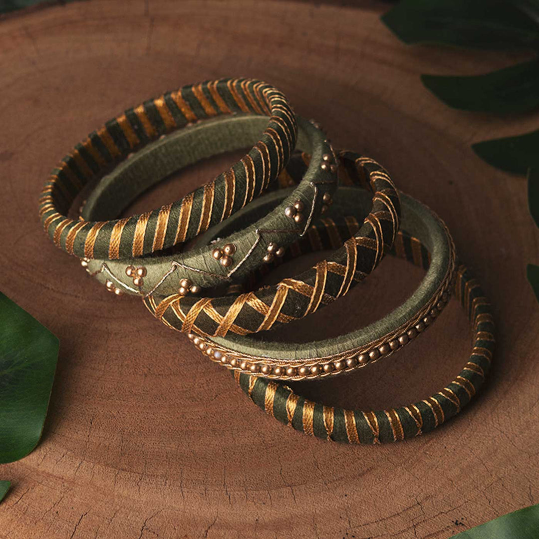 Green Handcrafted Beaded Gotta Patti Bangles | Set of 5