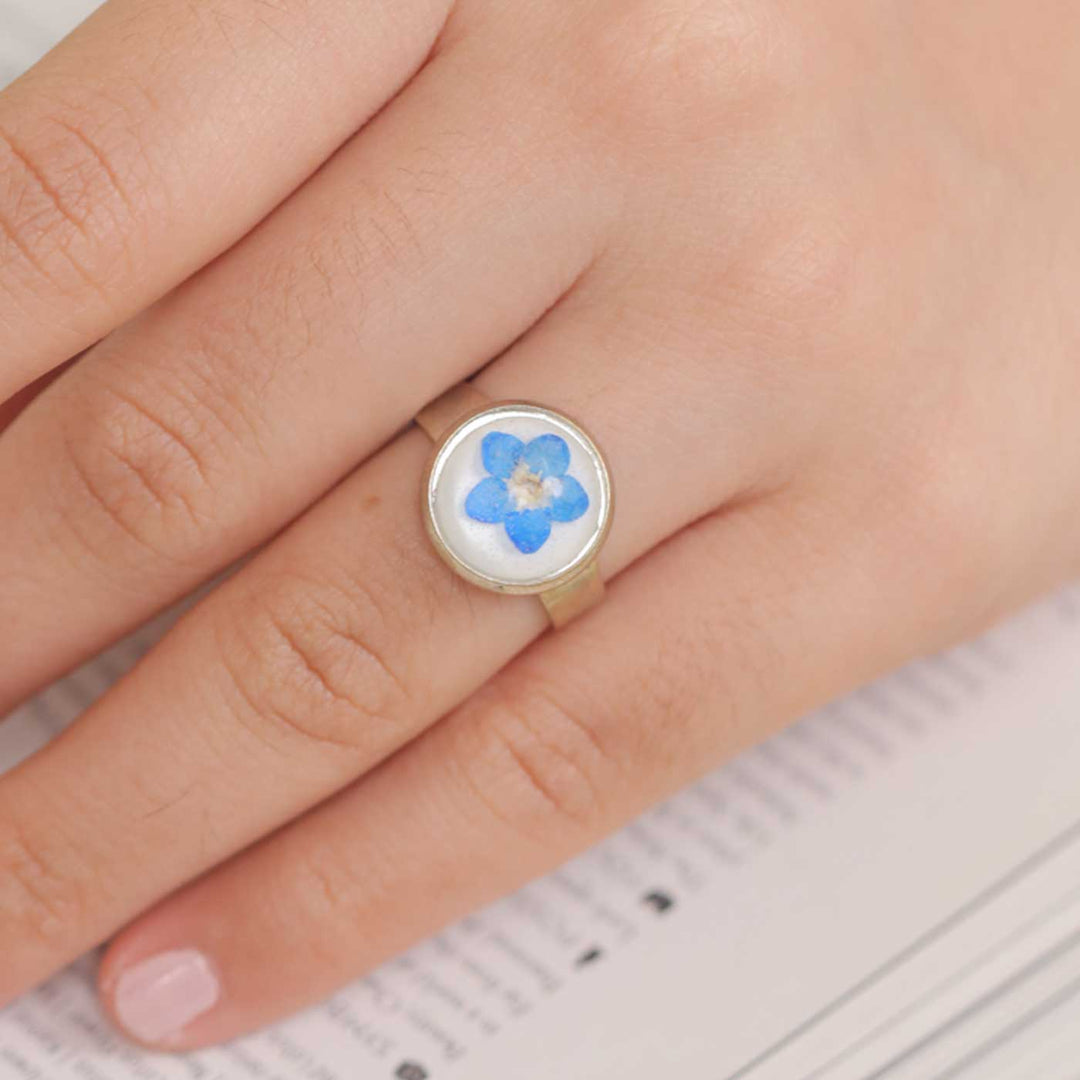 Handmade Preserved Flower Forget Me Not Brass Ring
