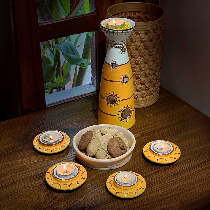Set of 5 | Sunny Yellow Hand-Painted Terracotta Disc & Long Diya Tealight Holders For Festive Decor