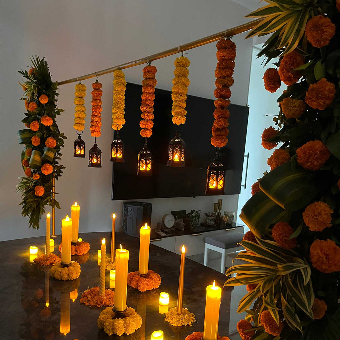 Gold Table Decor Kit with Adjustable Stand, LED Pillar Candles & Black Lanterns
