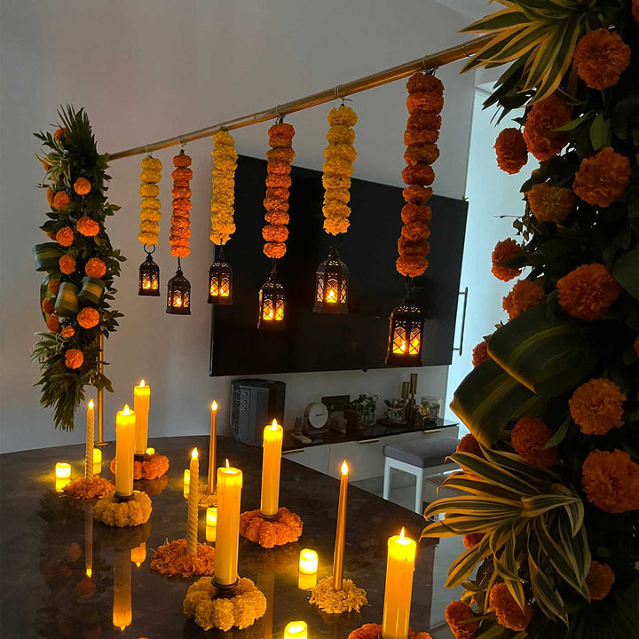 Gold Table Decor Kit with Adjustable Stand, LED Pillar Candles & Black Lanterns