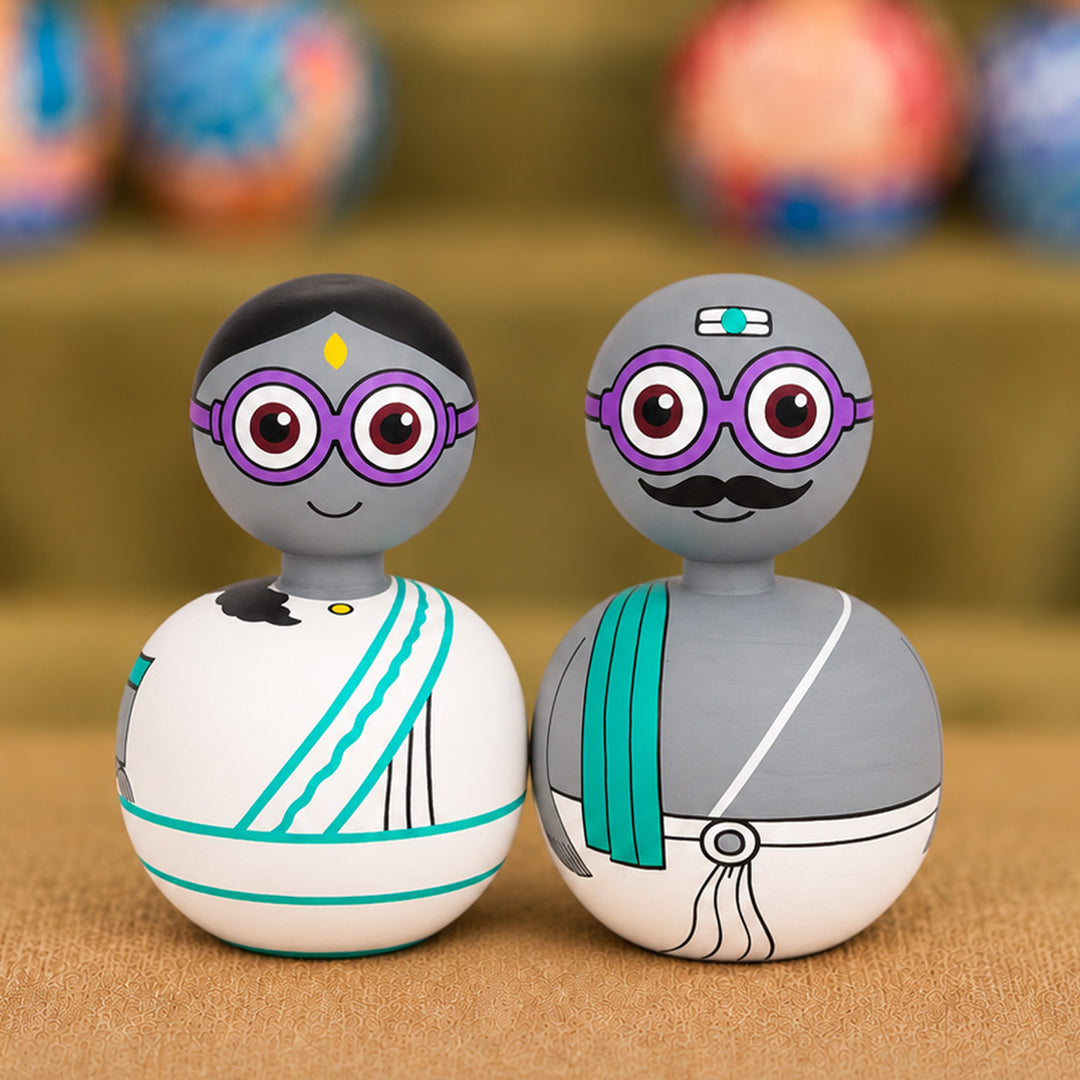 Set of 2 | Hand-Painted White & Grey Bobble Head Couple Wooden Golu Dolls For Gifting & Decor