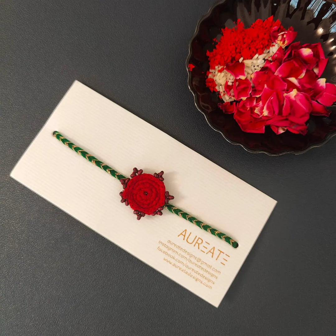Handmade Crochet Beaded Round Ethnic Rakhi With Roli Chawal