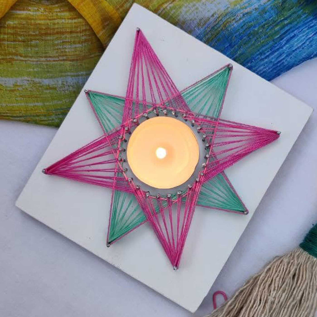 Handmade String Art Flower Design Wooden Tealight Holder With Tealight Candle
