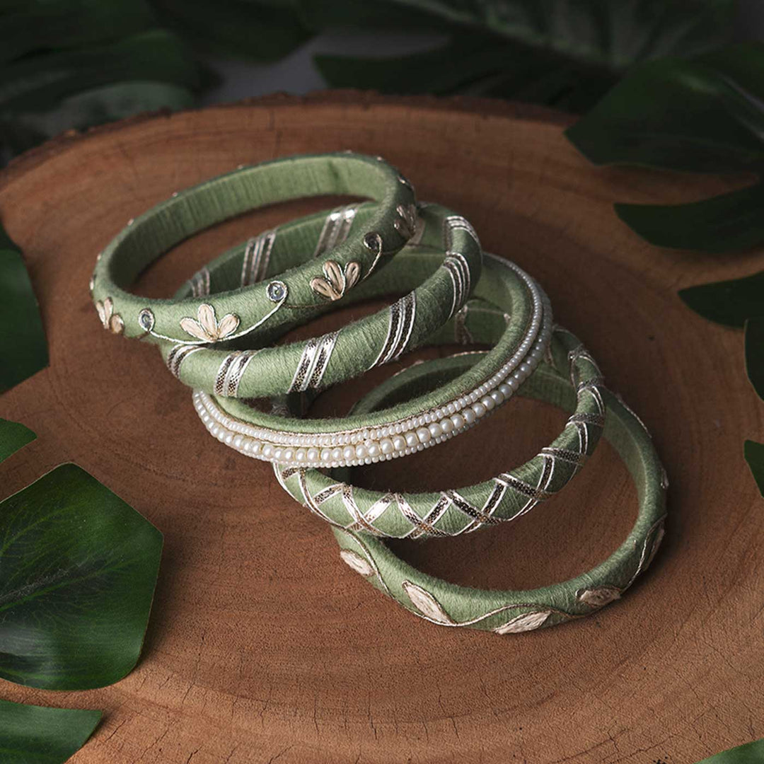 Pastel Green Handcrafted Silver Gotta Patti Bangles | Set of 5