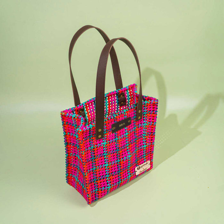 Checkered Pink & Blue Mukhya Knot Handmade Koodai Tote Bag