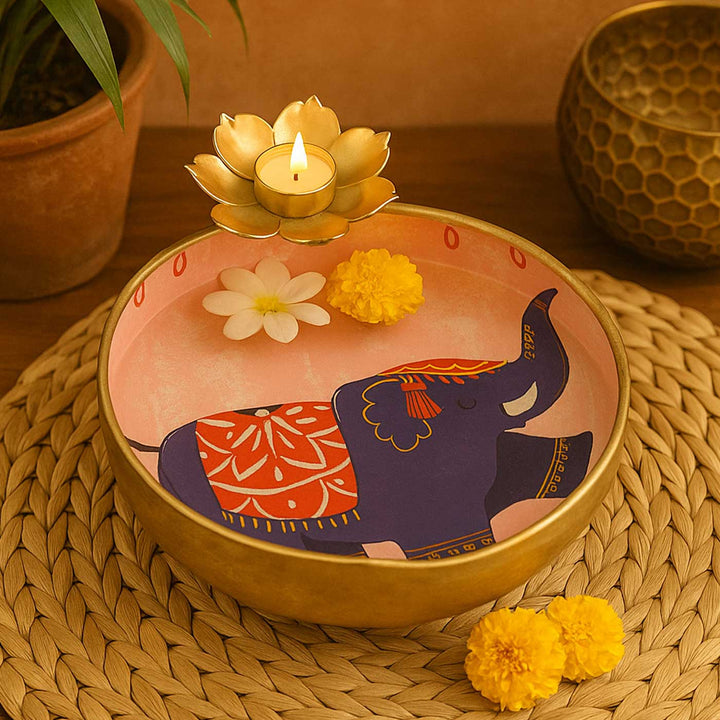 Handmade Meena Enamel Elephant Urli With Floral Tealight Holder For Festive Decor