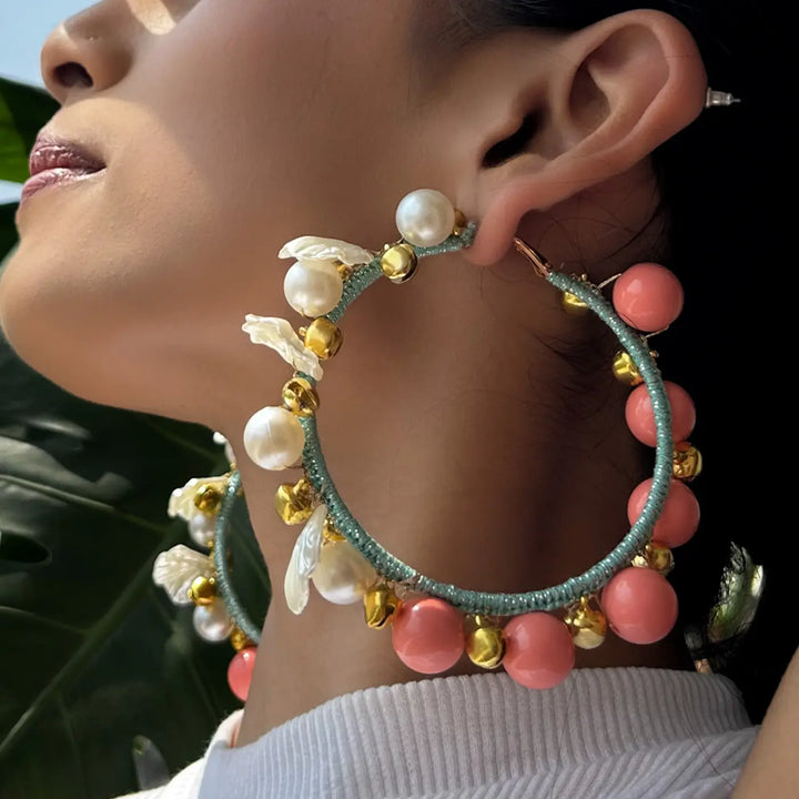 Hand Embroidered Beaded Ghungroo Thread Wrapped Hoop Cotton Earrings