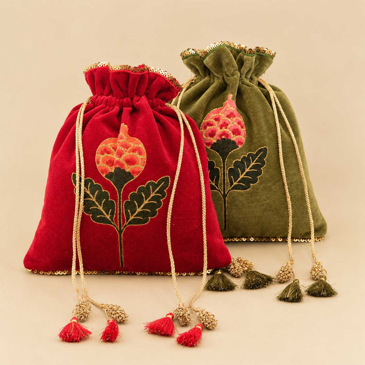 Handmade Anar Screen Printed Velvet Potli For Festive Gifting - Large