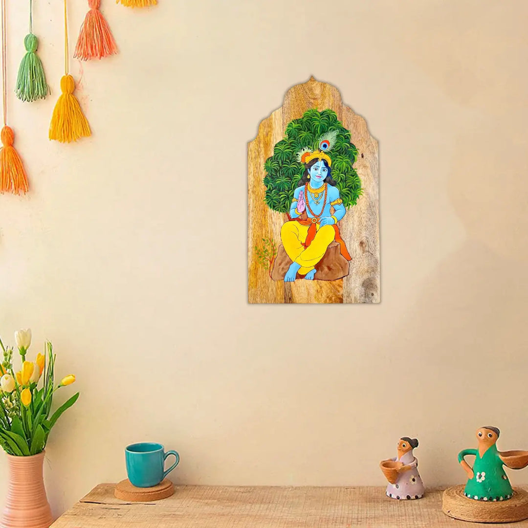 Hand-Painted Krishna Wooden Wall Decor