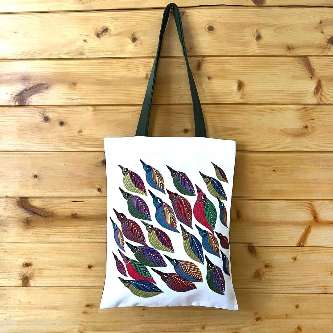 Hand-Painted Gond Art Folk Bird Harmony Canvas Tote Bag