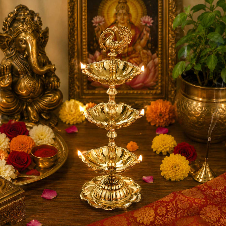 3-Tier Peacock Brass Oil Lamp Stand For Festive Decor