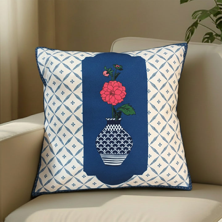 16 Inch | Printed Dahilya Blue Pottery Cushion Cover