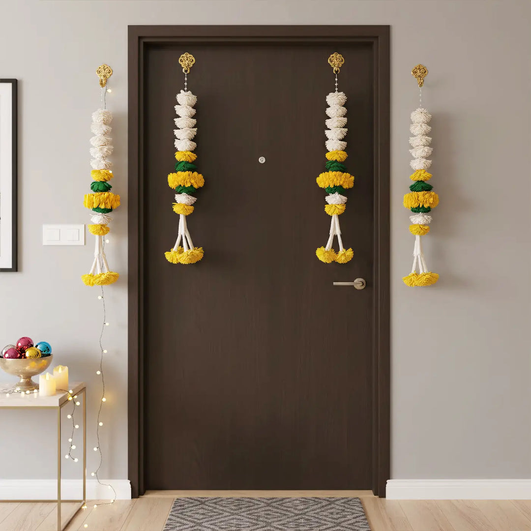 Handmade Divine Bloom White & Yellow Shola Flower Hanging | Set Of 2