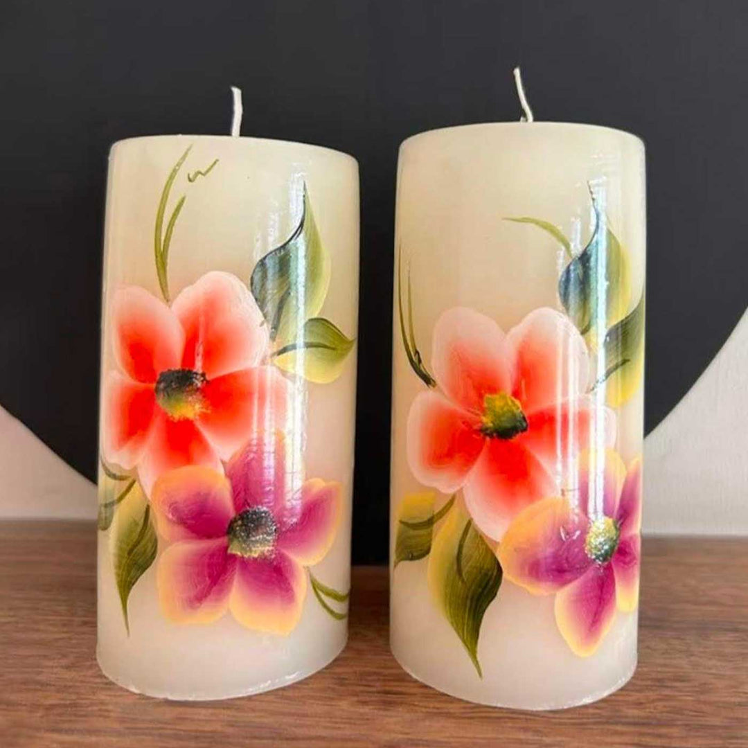 Hand-Painted Orange & Purple Flowers Circular Paraffin Scented Candle | Set Of 2