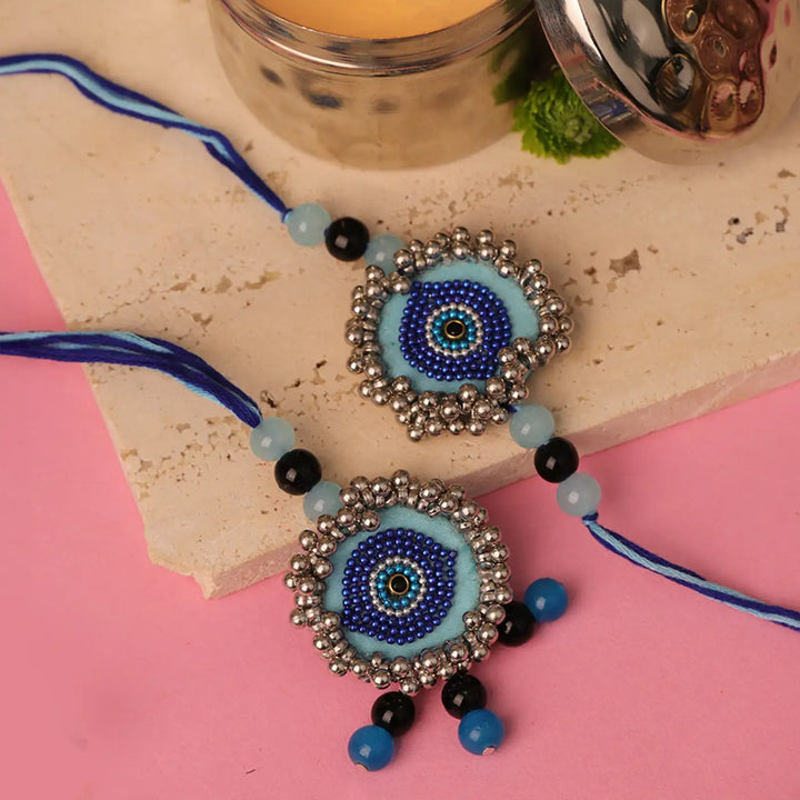 Handmade Beaded Evil Eye Bhaiya Bhabhi Rakhi With Roli Chawal | Set Of 2