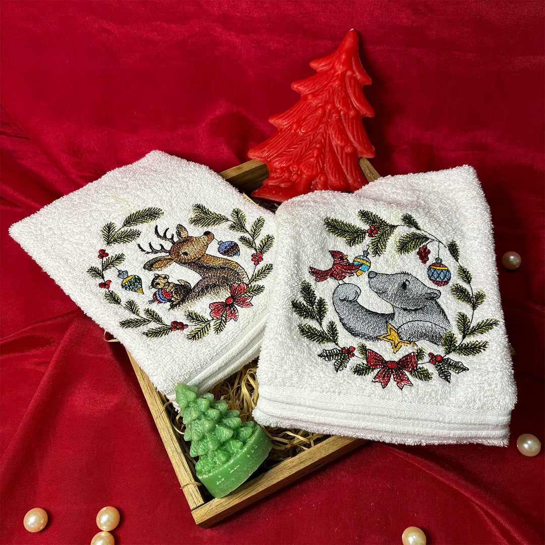 Personalized Reindeer,Chipmunk, Polar Bear And Cardinal Embroidered Towel & Candle Hamper | Xmas Gifting Ideas | Set Of 5