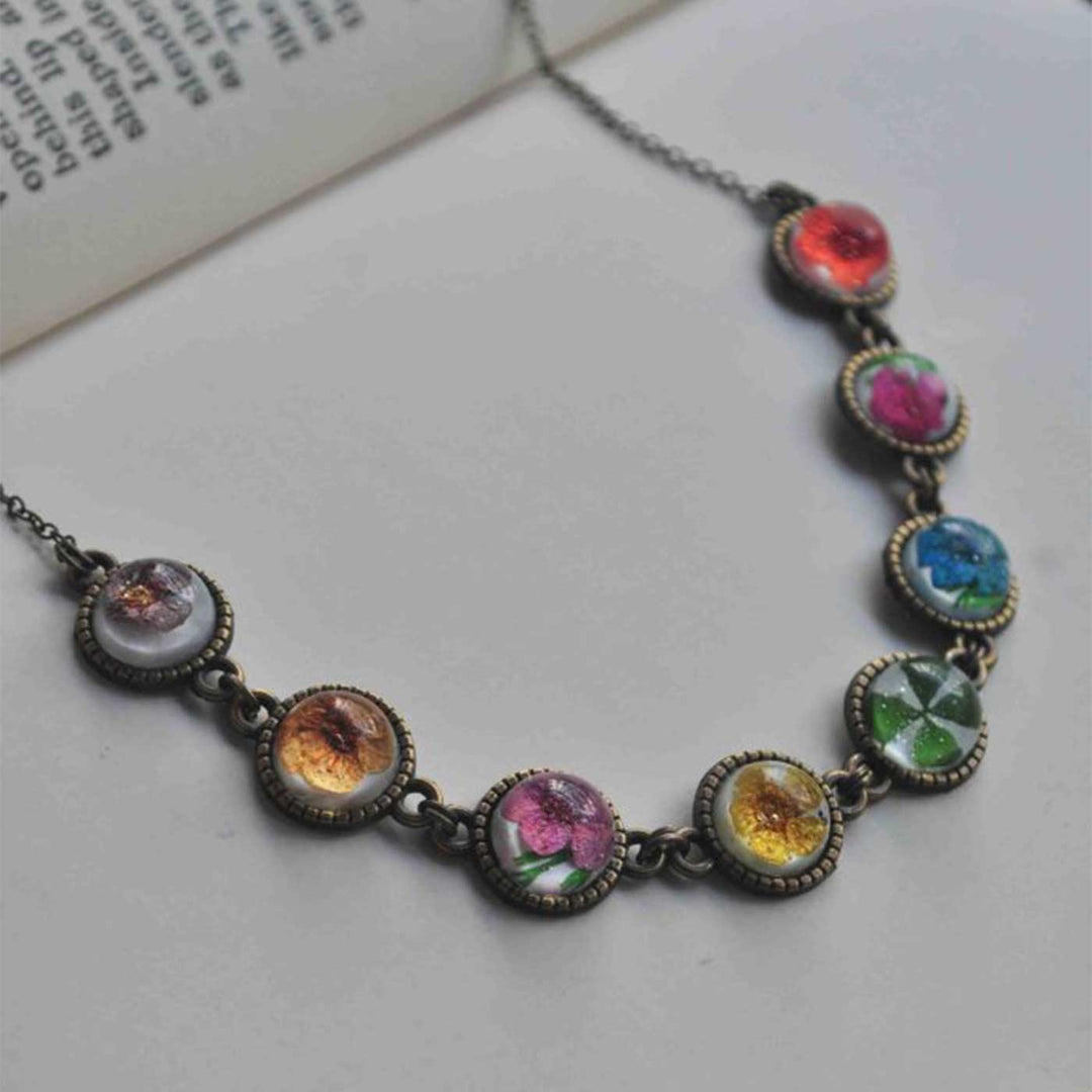 Handmade Multicolour Preserved Flower Brass Necklace
