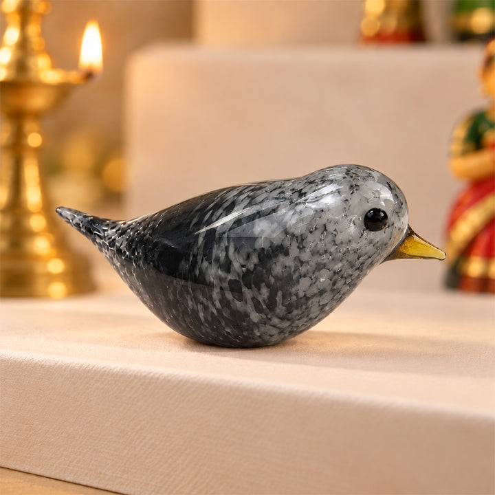 Blown Glass Charcoal Grey Speckled Bird Figurine For Home Decor