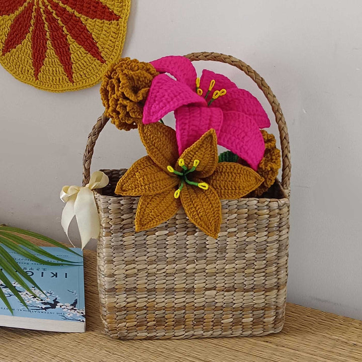 Handmade Crochet Amber Harmony Theme Flower Bouquet With Lights