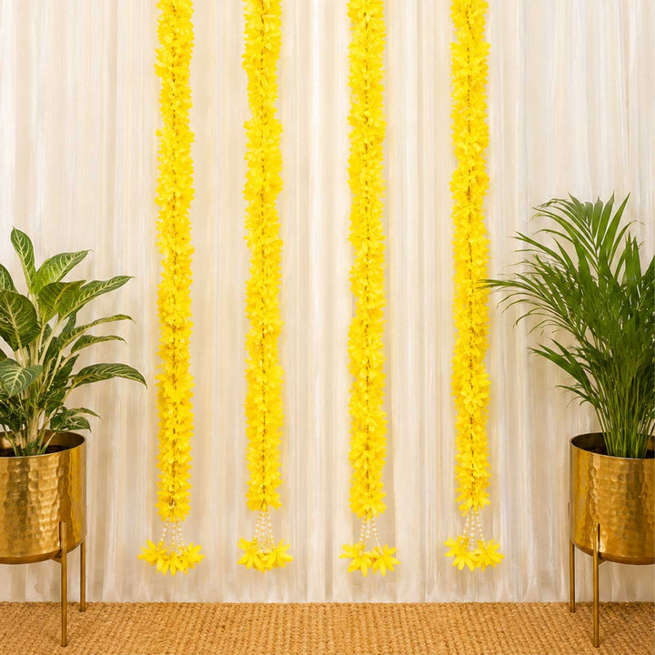 Handcrafted Yellow Artificial Flower Long Door Hangings With Tassels