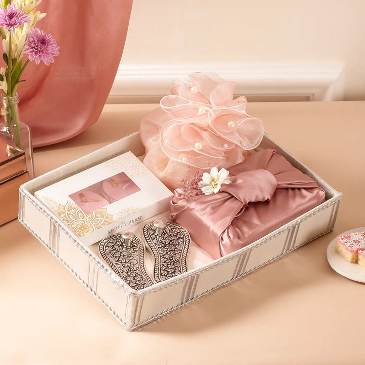 Blissful Blessings of Diwali Gift Hamper | Includes 1 Lakshmi Charan, 1 Cashew Potli, 2 Floral Candles, 1 Kaju Katli, 1 Greeting Card, 1 Gift Box