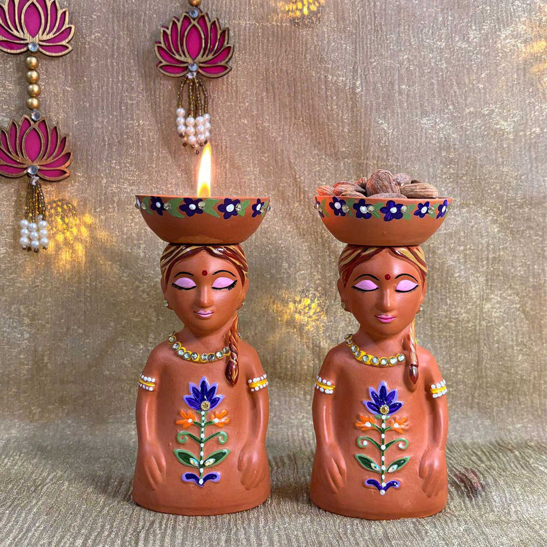 Hand-Painted Relaxing Girl Design Terracotta Tealight Holder | Set Of 2