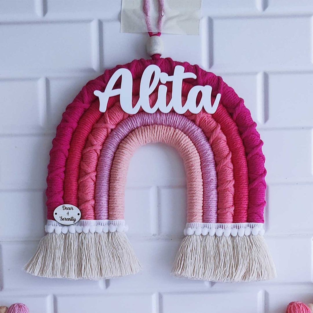 Personalized Handmade Macrame Pink Rainbow Kids Name Plate And Bunting Combo With 3D Letters - Hanging Front View with Name Personalization