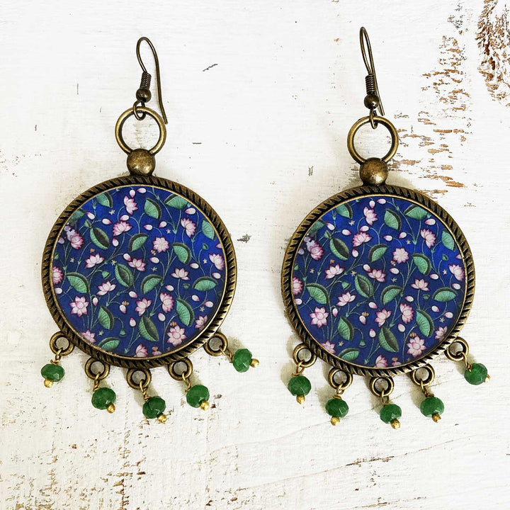 Blue Floral Pichwai Lotus Design Metal Earrings