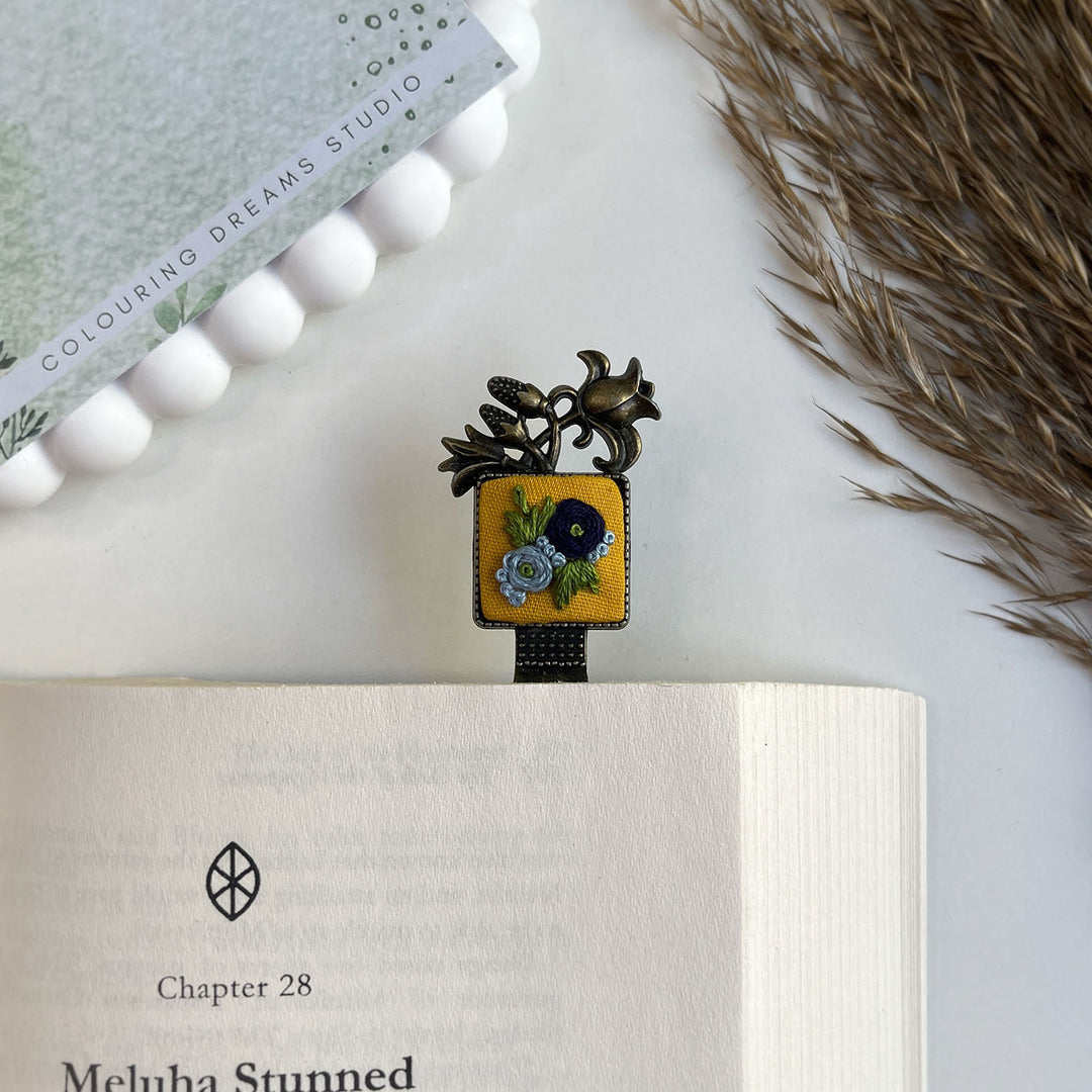 Hand Embroidered Indigo Fleur Bronze Bookmark