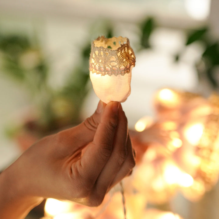 9.15m, 50 Bulbs | Handmade White Laced Fabric LED Fairy Light