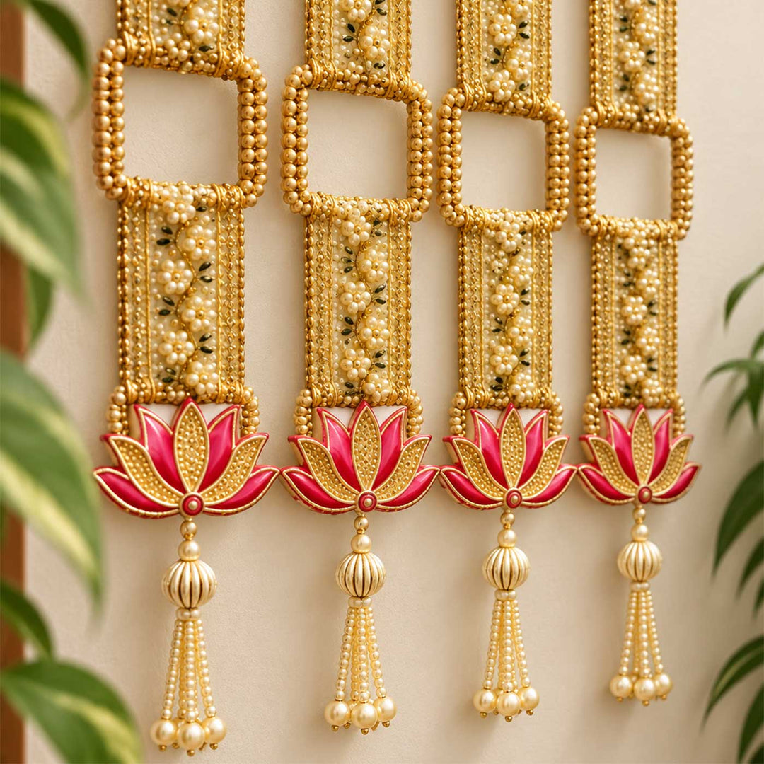 Handcrafted Gold Threadwork Door Hangings With Lotus Motif & Pearl Tassels and Bells