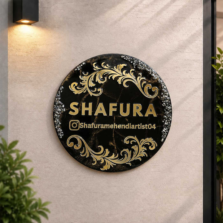 Personalized Handcrafted Round Golden Theme Resin MDF Name Plate For Home