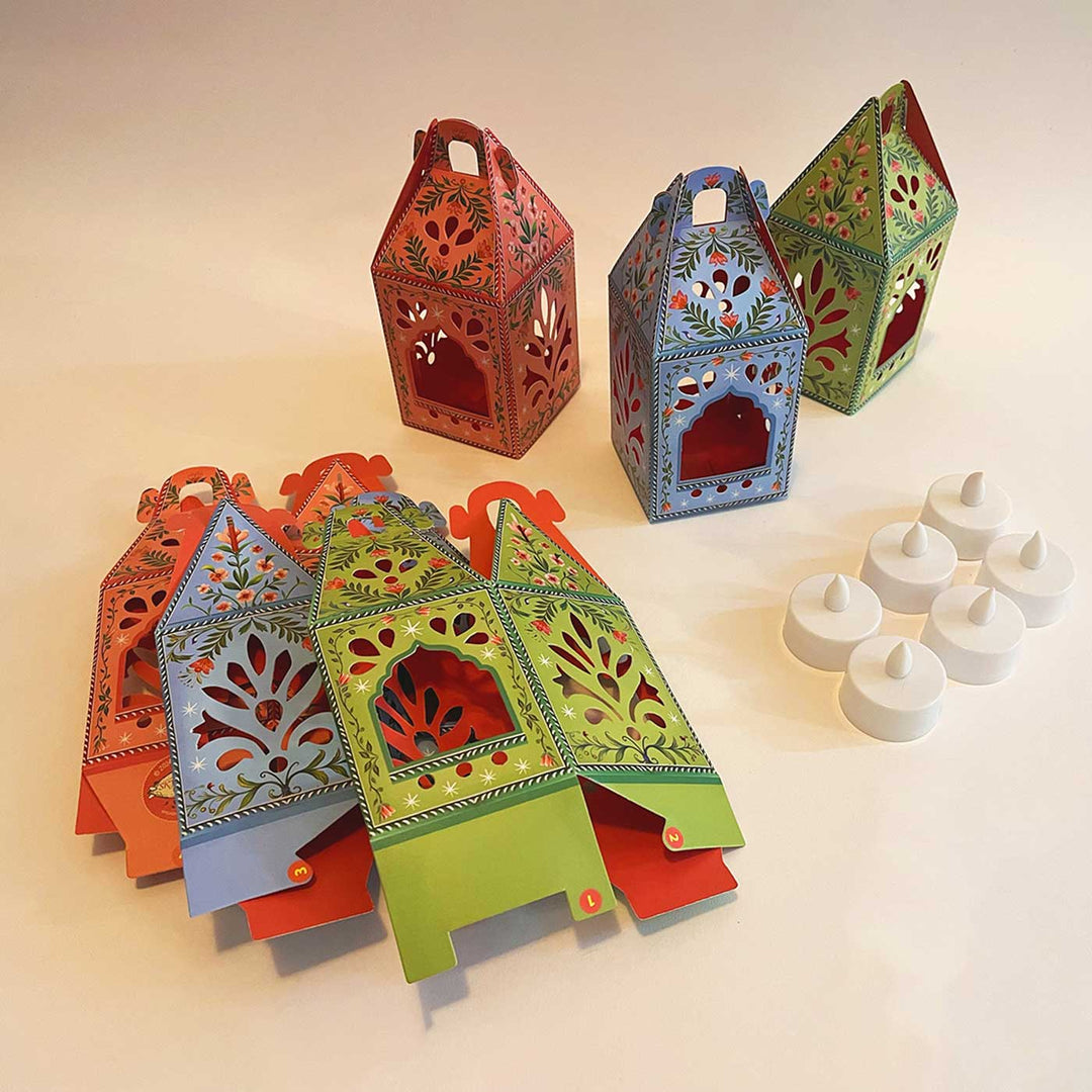 Handmade DIY Lantern Design Paper Tealight Holder With Electic Tealights | Set Of 6