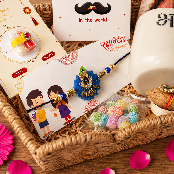 Krishna Rakhi Ceramic Mug Hamper With Bhai Mug & Roli Chawal For Brother
