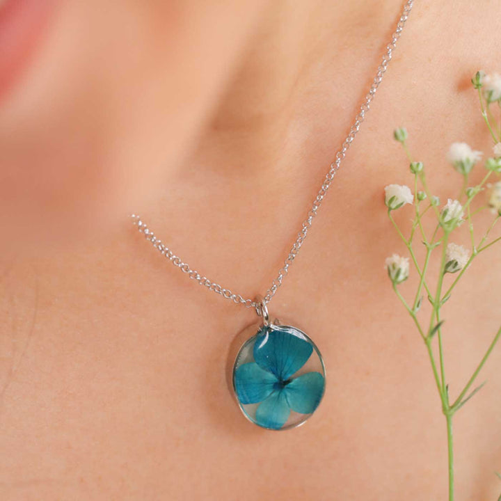 Handmade Preserved Flower Serenity Hydrangea Brass Necklace