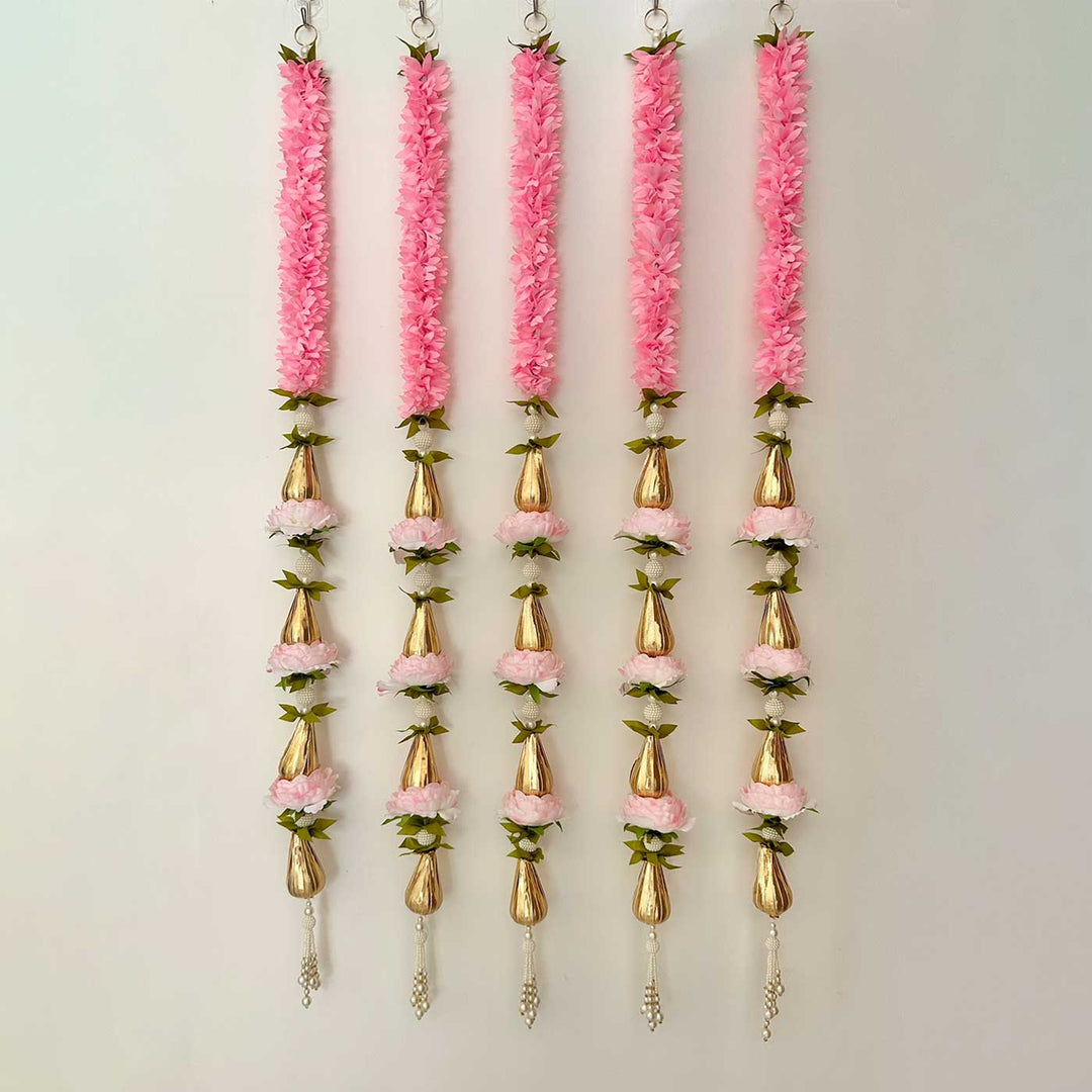 5 Pc | Handmade Pink Gajra & Flower Hangings With Golden Accents