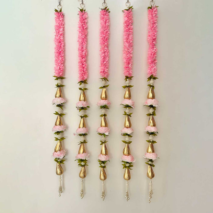 5 Pc | Handmade Pink Gajra & Flower Hangings With Golden Accents
