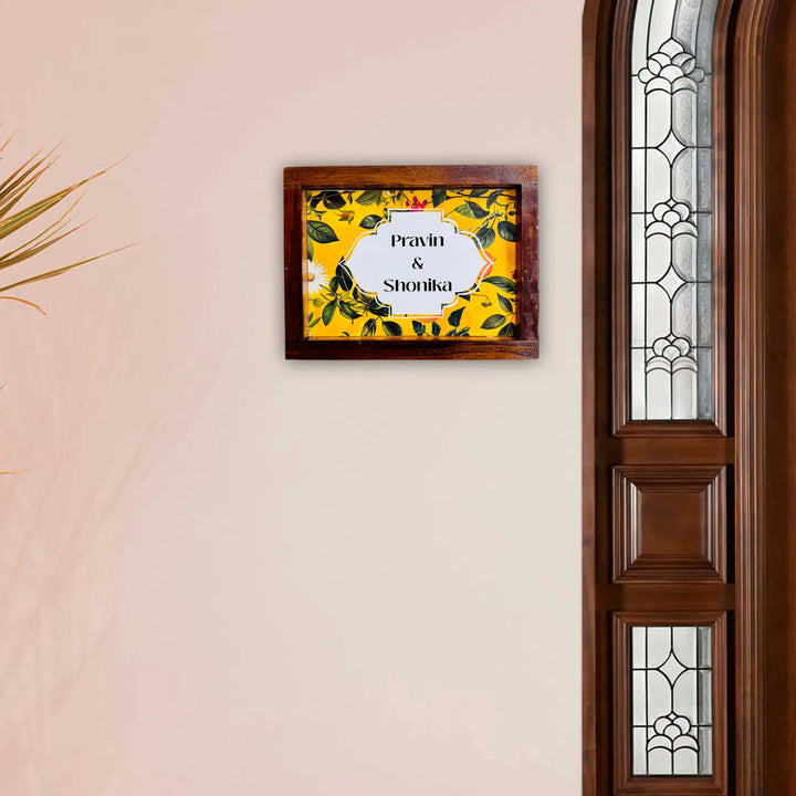 Personalized Yellow Garden Theme Resin Name Plate With Teak Wood Frame