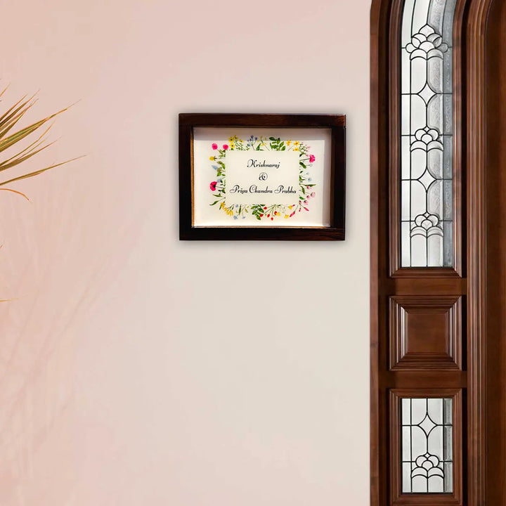 Personalized Floral Theme Minimalist Resin Name Plate With Teak Wood Frame