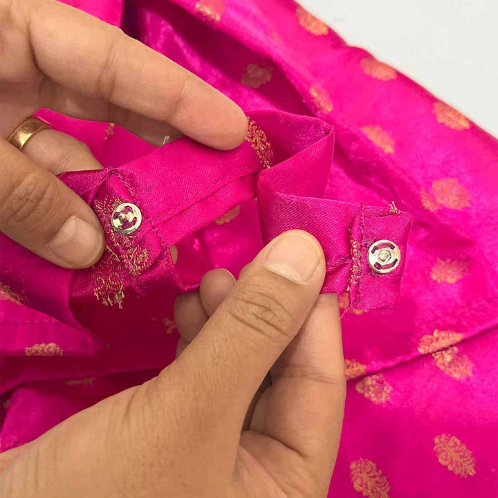 Pink Brocade Pooja Backdrop Decor Kit With Jaali Stand & Pearl Tassels
