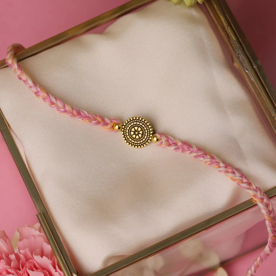 Handmade Golden Sansaar Charm Rakhi With Roli Chawal